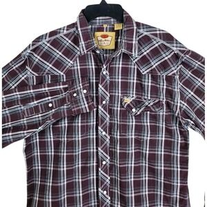Larry Mahan Pearl Snap Western Shirt Mens L Brown White Plaid Check Thick Stitch